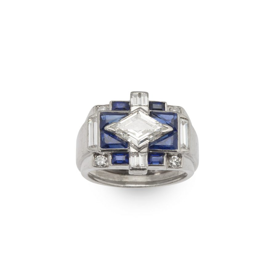 platina art deco ring diamant saffier 1930s