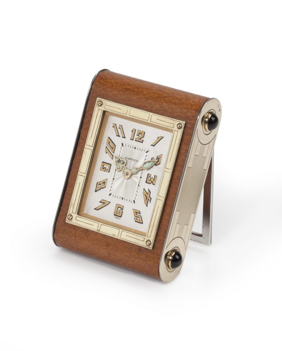 Cartier bureauklokje met bruin leer circa 1930