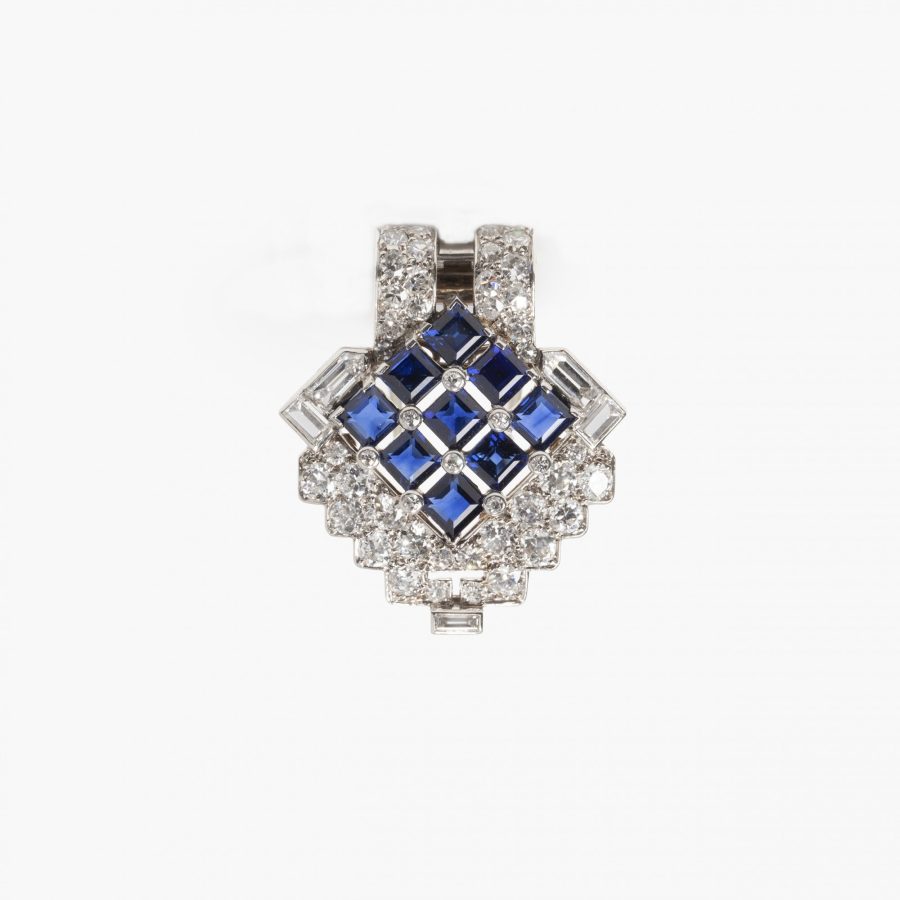 Cartier Art Deco dress clip saffier diamant