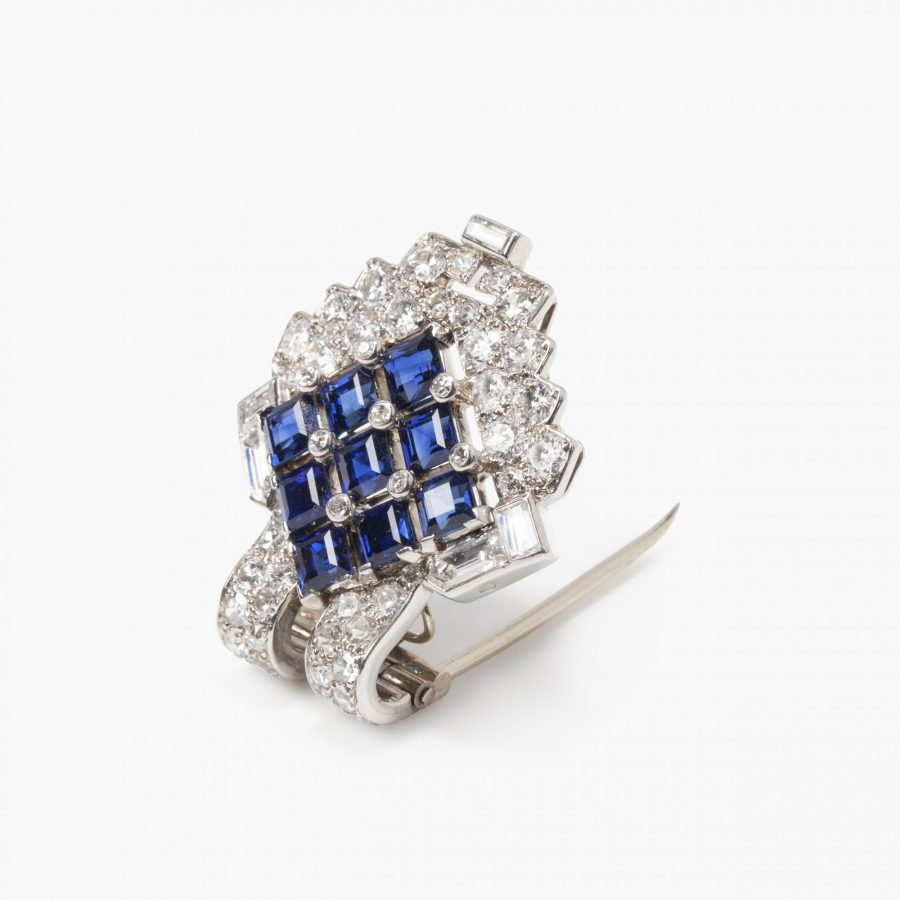 Cartier Art Deco dress clip saffier diamant