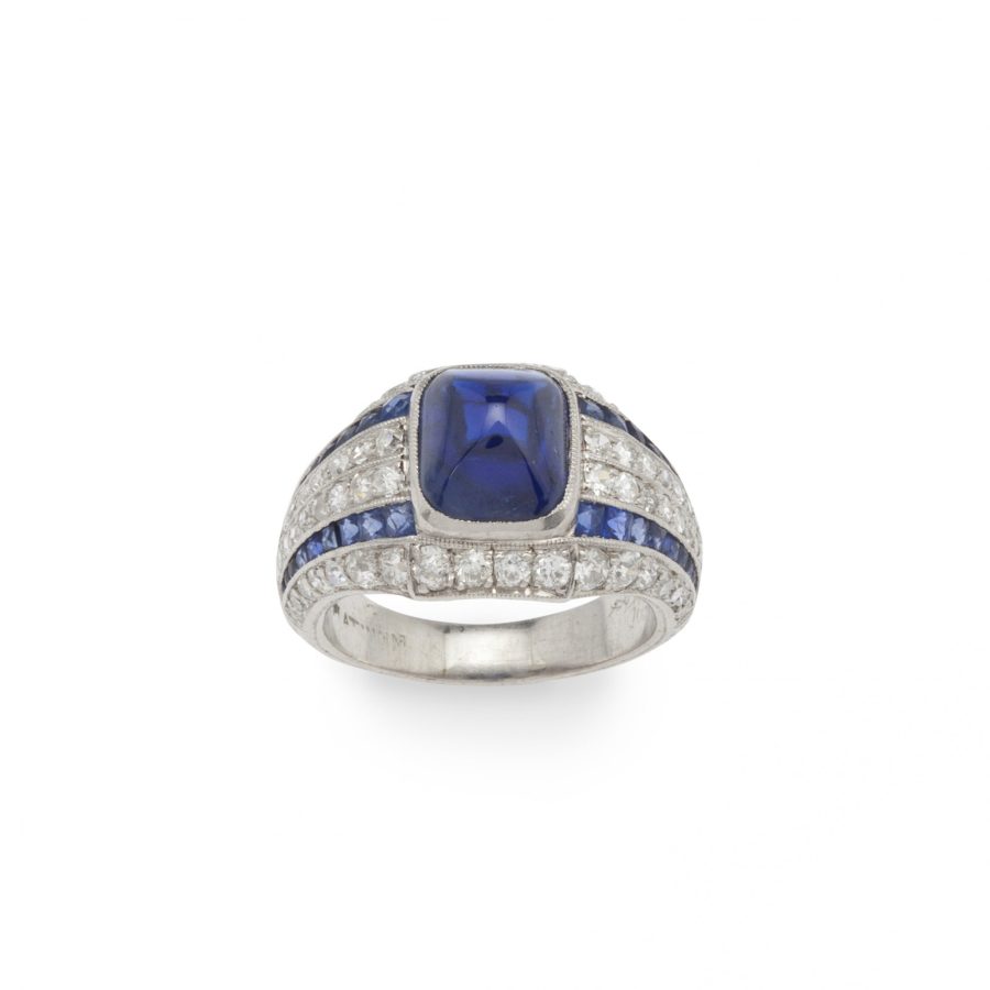art deco ring cabochon blauwe saffier en diamant circa 1925