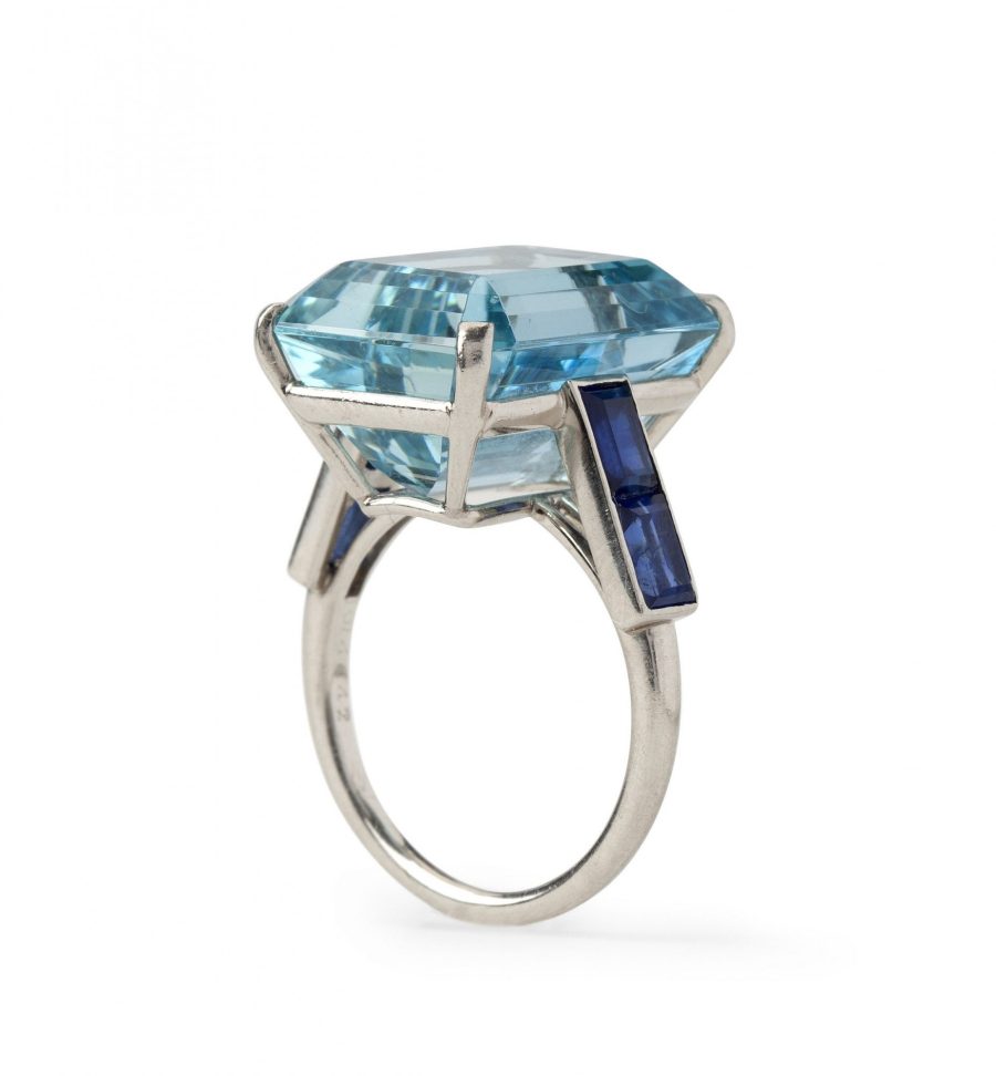 cartier ring aquamarijn en blauw saffier circa 1950