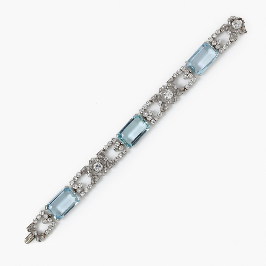 belle epoque platina armband bezet met aquamarijn en diamant ca 1910