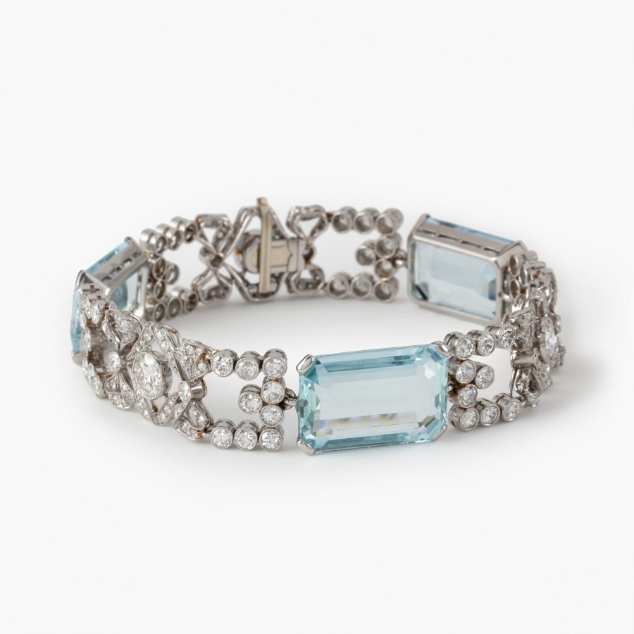 belle epoque platina armband bezet met aquamarijn en diamant ca 1910
