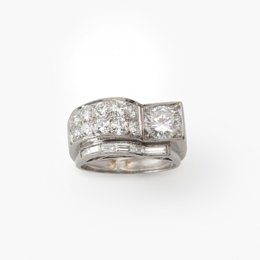 platina Art Deco ring 1930s briljant en baguette geslepen diamanten