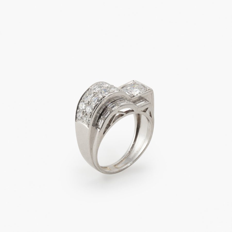 platina Art Deco ring 1930s briljant en baguette geslepen diamanten