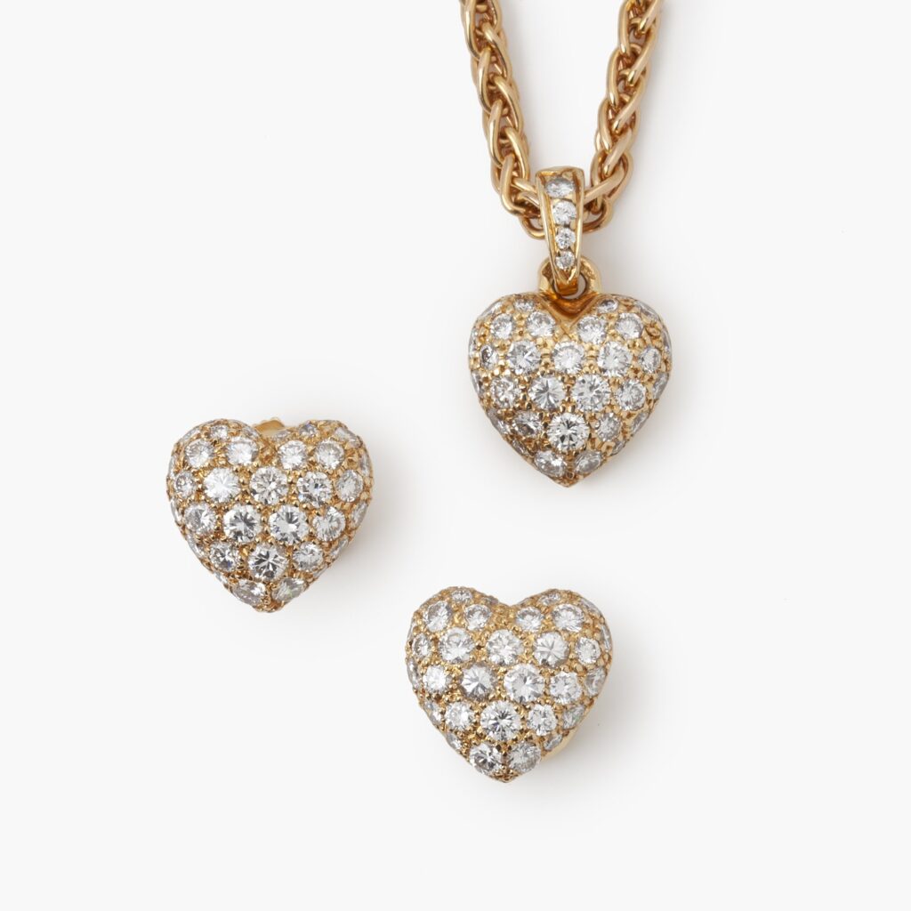Cartier geelgouden hanger diamanten hart met ketting en bijpassende oorstekers hart
