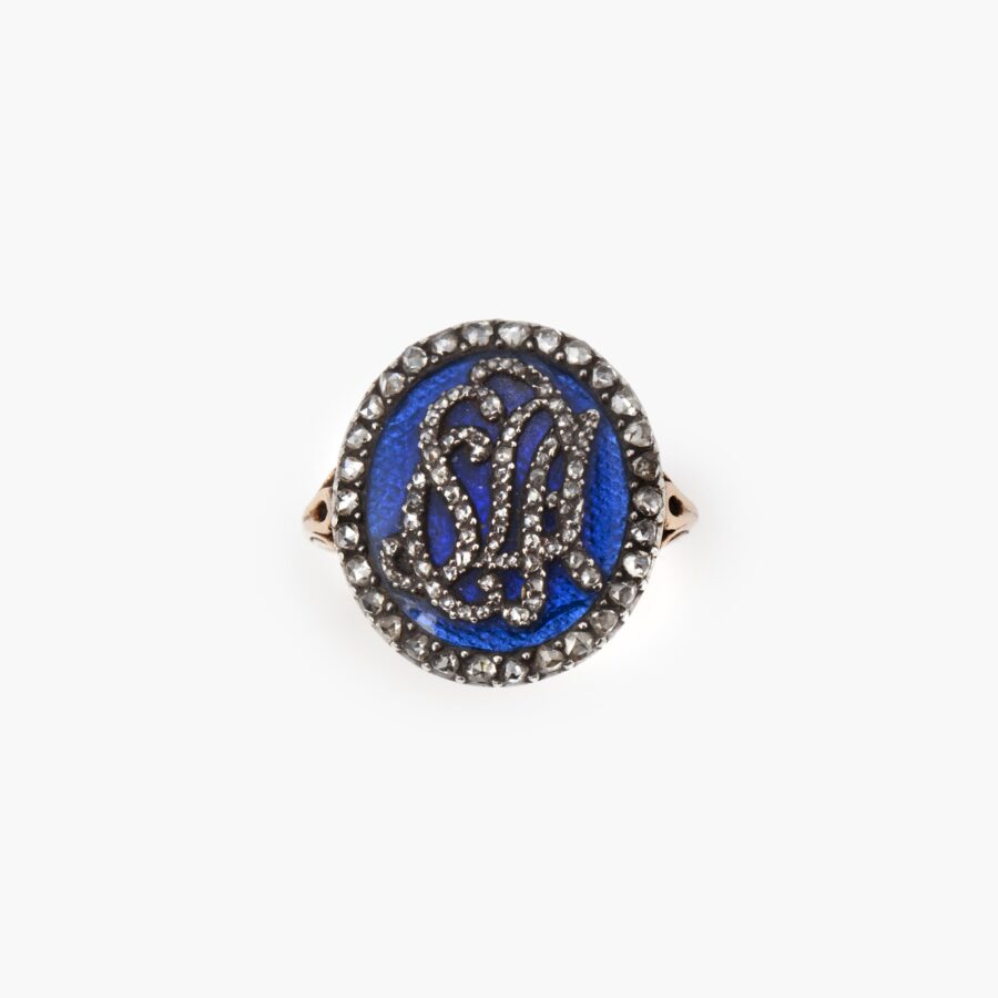 Antieke ring roosdiamant en blauw emaille monogram circa 1880