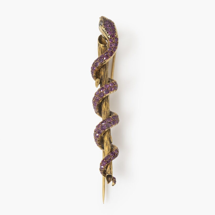 Een achttien karaat geelgouden broche in de vorm van een slang die zich rond een tak slingert, bezet met robijnen en twee diamanten. Nederland, ca 1890.