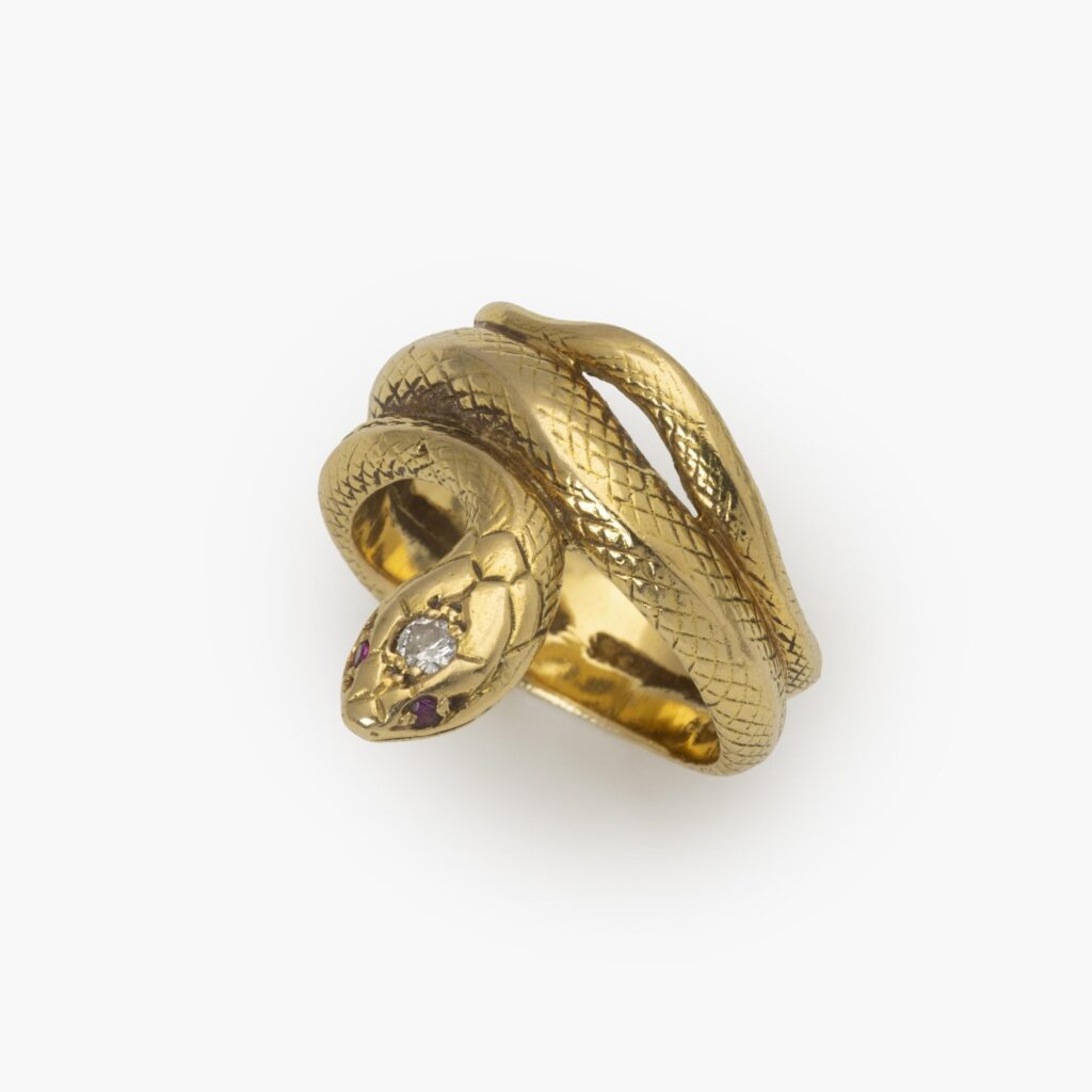 Een achttien karaat geelgouden ring in de vorm van een slang; de kop bezet met een briljant geslepen diamant en twee robijnen als ogen.
