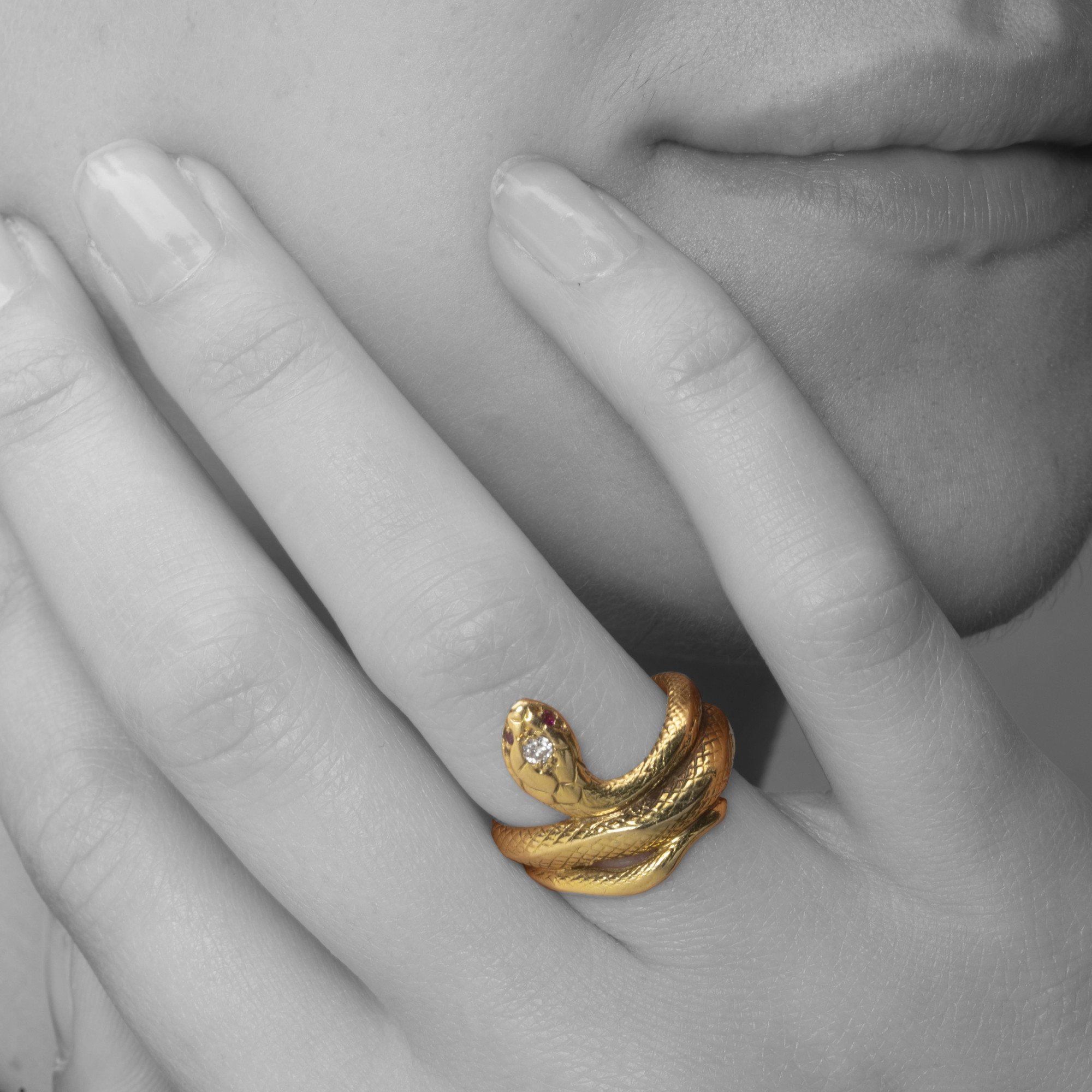Een achttien karaat geelgouden ring in de vorm van een slang; de kop bezet met een briljant geslepen diamant en twee robijnen als ogen.